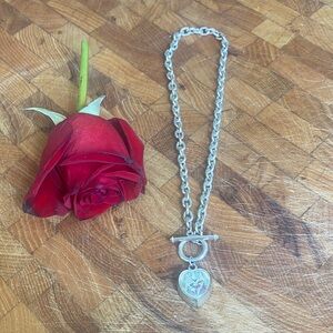 Silver Heart Padlock Pendant Chain Necklace - Silver
